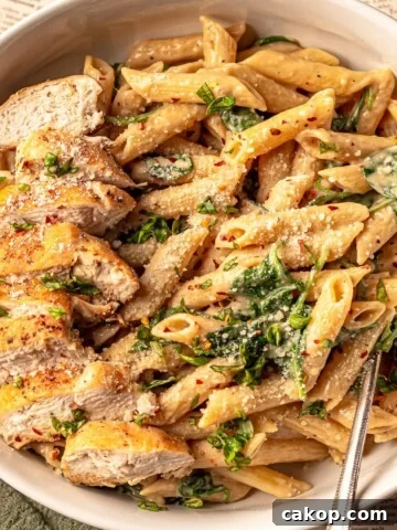 A bowl of pasta topped with sliced chicken.