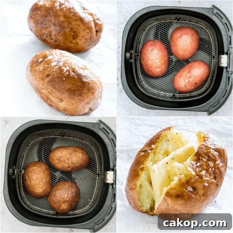 Crispy Air Fryer Baked Potatoes Recipe for Perfectly Fluffy Centers 4 image collage showing the steps for making air fryer baked potatoes