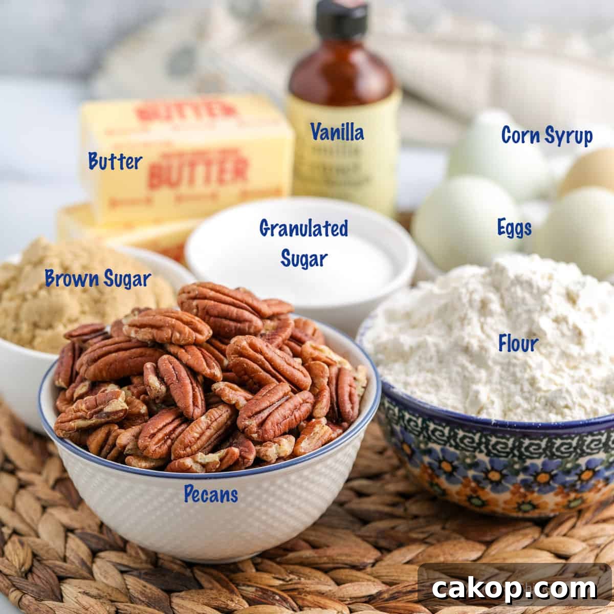 Ingredients for making pecan pie bars.
