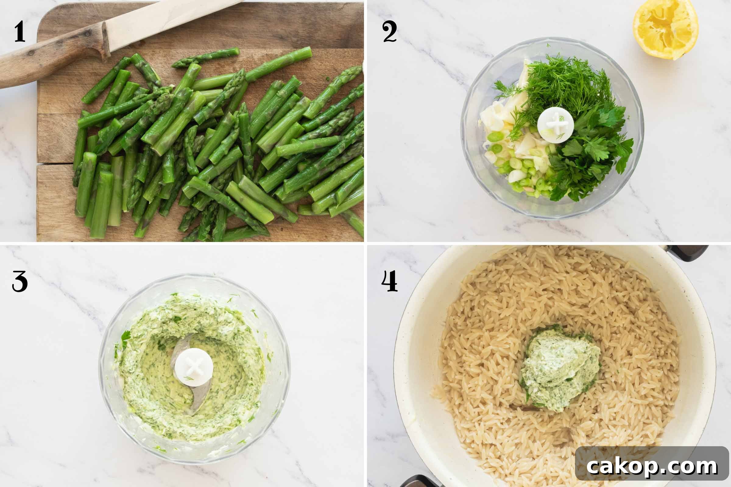 Composite image: chopped asparagus, herb and butter mixture in a food processor, butter mixture added to orzo.