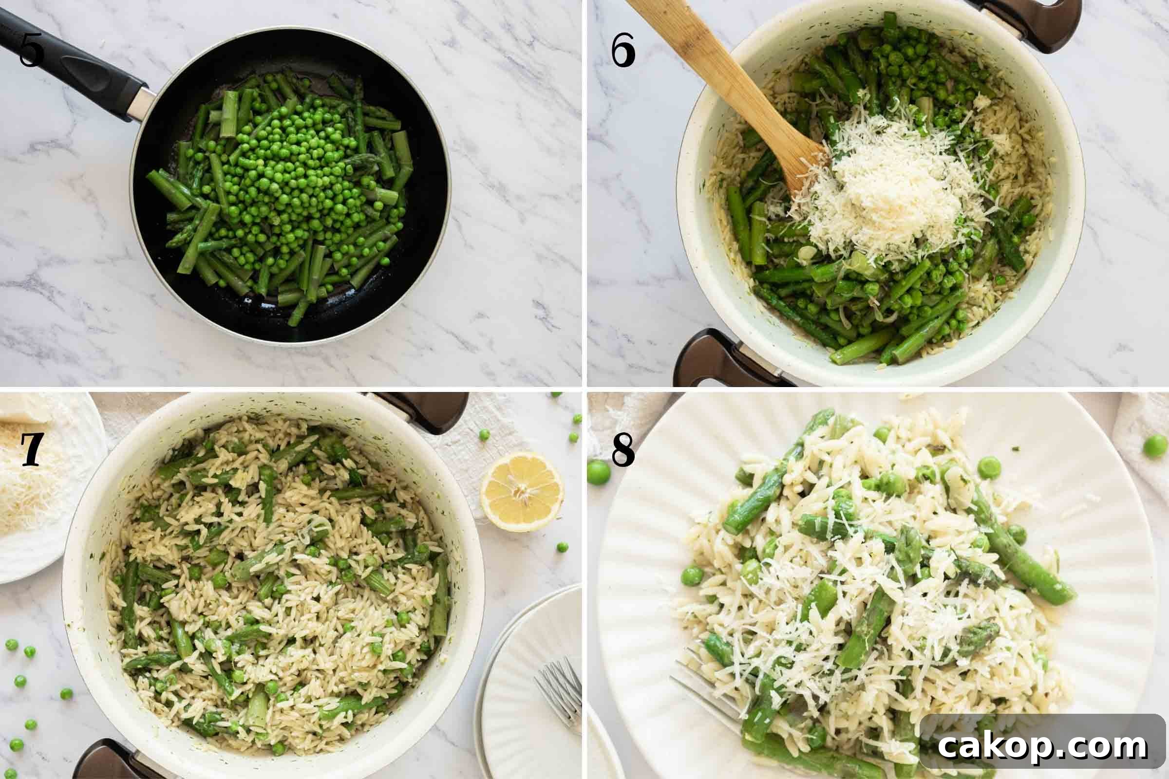 Skillet with asparagus and peas, Dutch oven with orzo and butter mixture, and plated lemon orzo.