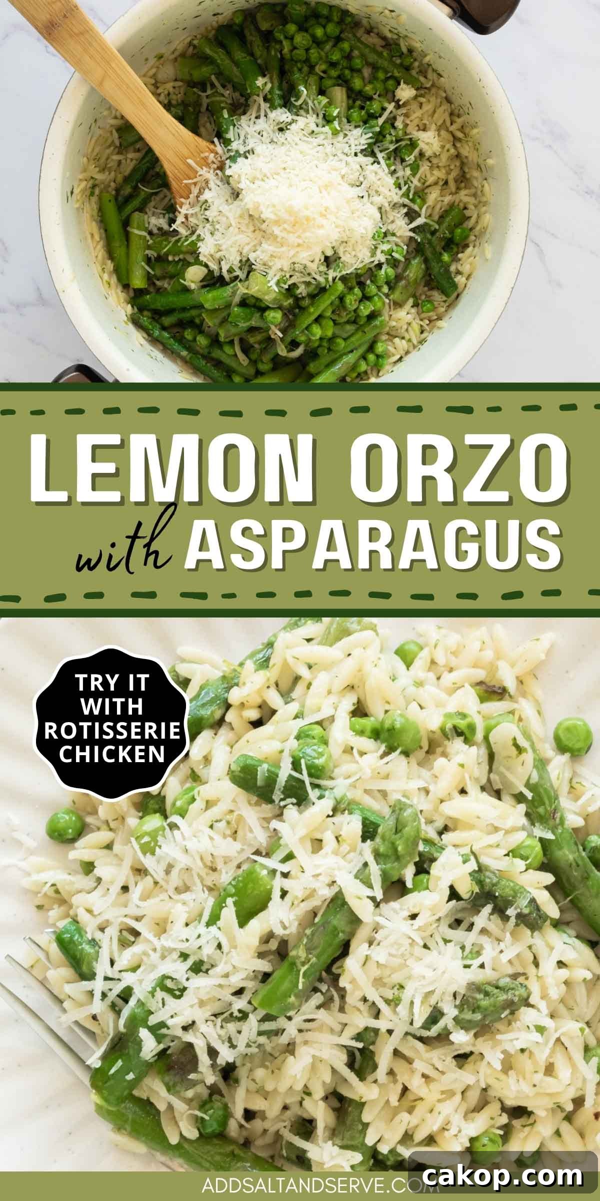 Dutch oven with cooked orzo, asparagus, peas, and Parmesan; plated lemon orzo with asparagus and peas.