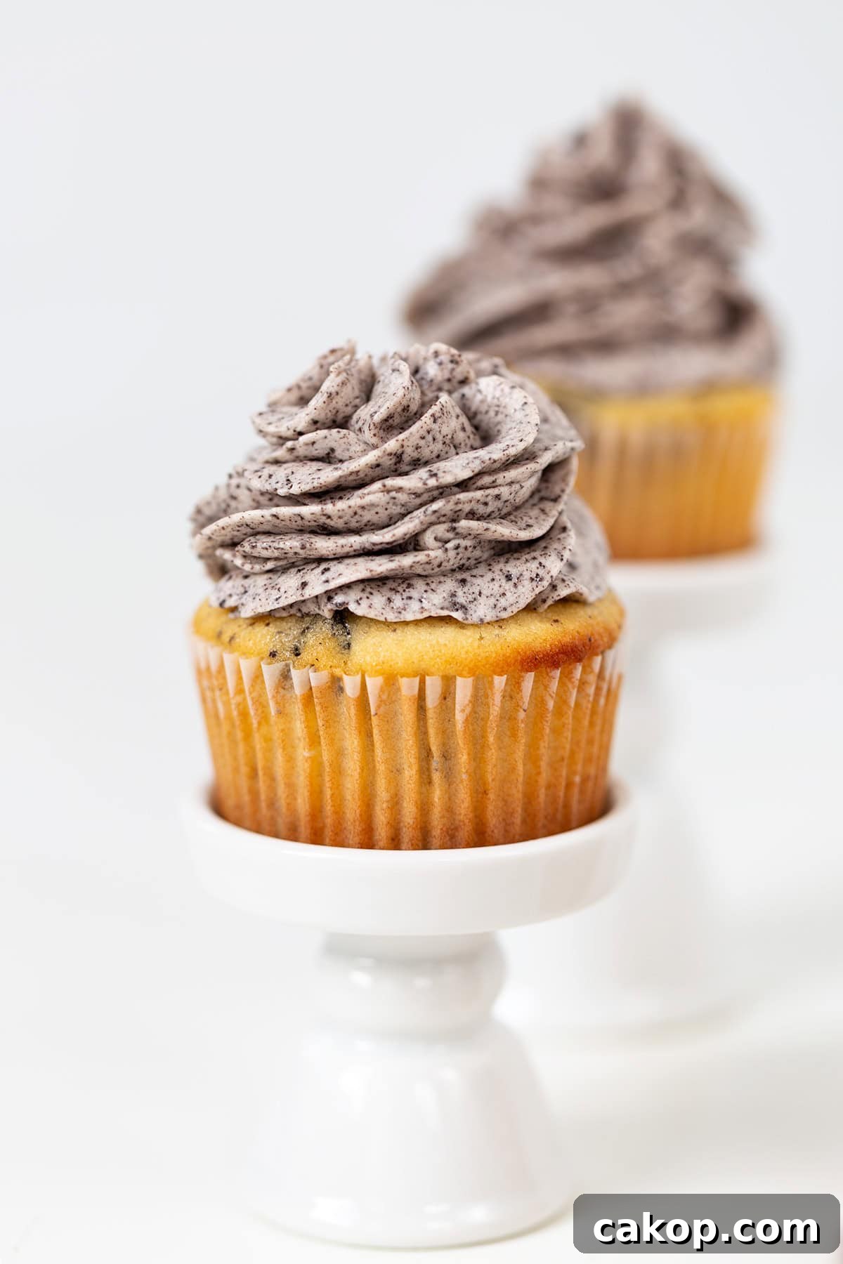 Cookies and Cream Cupcakes Recipe: Rich Oreo-Style Cupcakes 2 An Oreo Cookies and Cream Cupcake with vanilla base and cookies and cream frosting is displayed on a small white stand, with another cupcake blurred in the background.