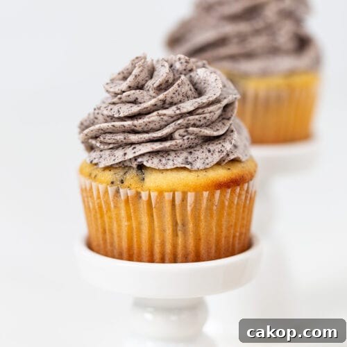 Cookies and Cream Cupcakes Recipe: Rich Oreo-Style Cupcakes 13 An Oreo Cookies and Cream Cupcake with vanilla base and cookies and cream frosting is displayed on a small white stand, with another cupcake blurred in the background.