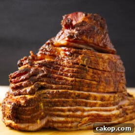 Double-Smoked Ham Recipe: How to Smoke Perfect Ham at Home 17 Close up of spiral sliced ham that has been double smoked on the Traeger.