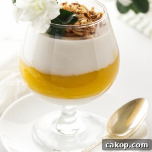 Coconut Mango Panna Cotta Recipe with Creamy Tropical Layered Dessert 7 A serving of coconut-mango panna cotta garnished with toasted coconut and a flower