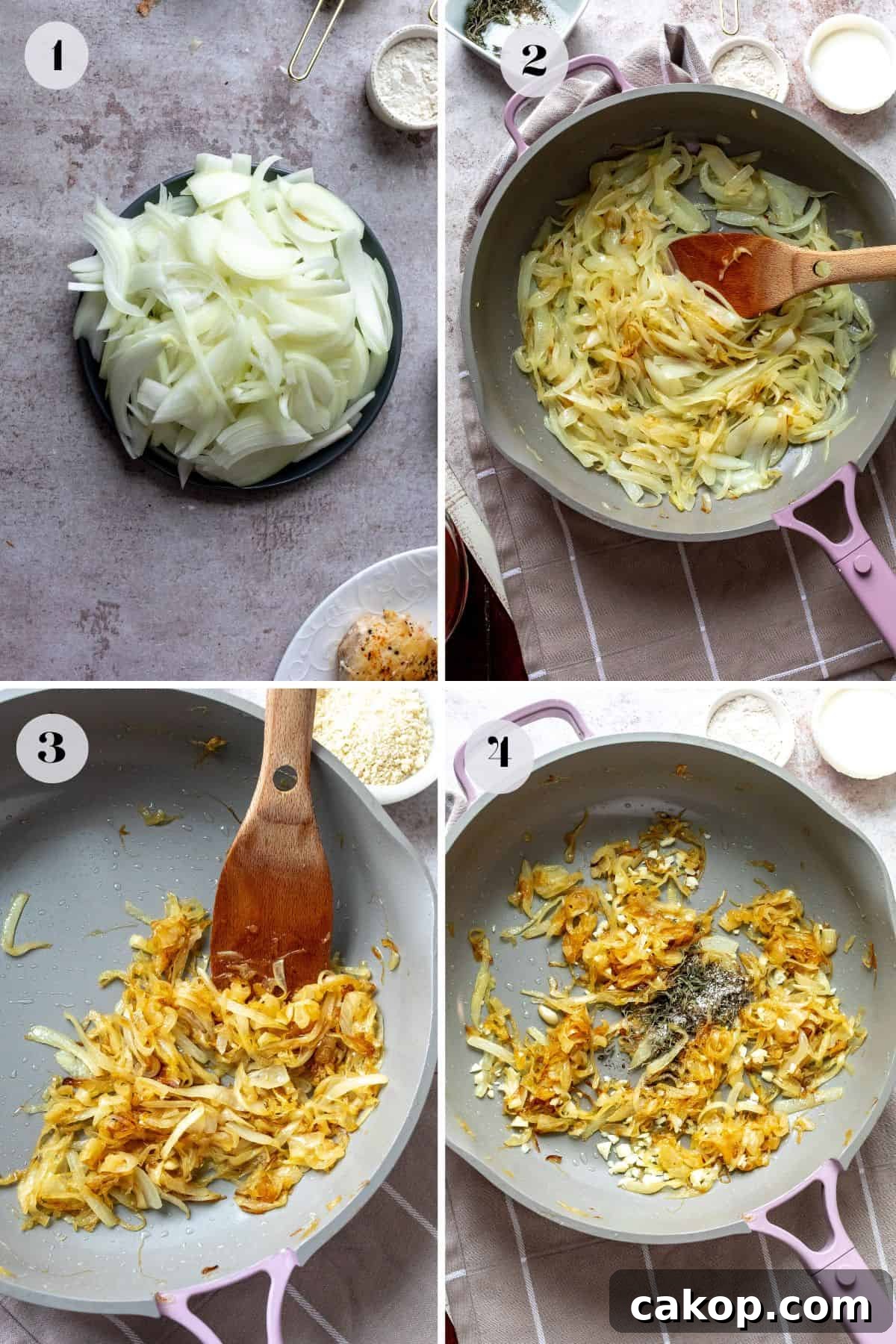 French Onion Pasta Recipe: Creamy Caramelized Onion Noodle Bake 4 Steps to make this recipe in a grey and pink skillet with onions cooking down in it.