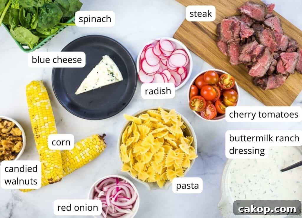 Steak and pasta salad ingredients.