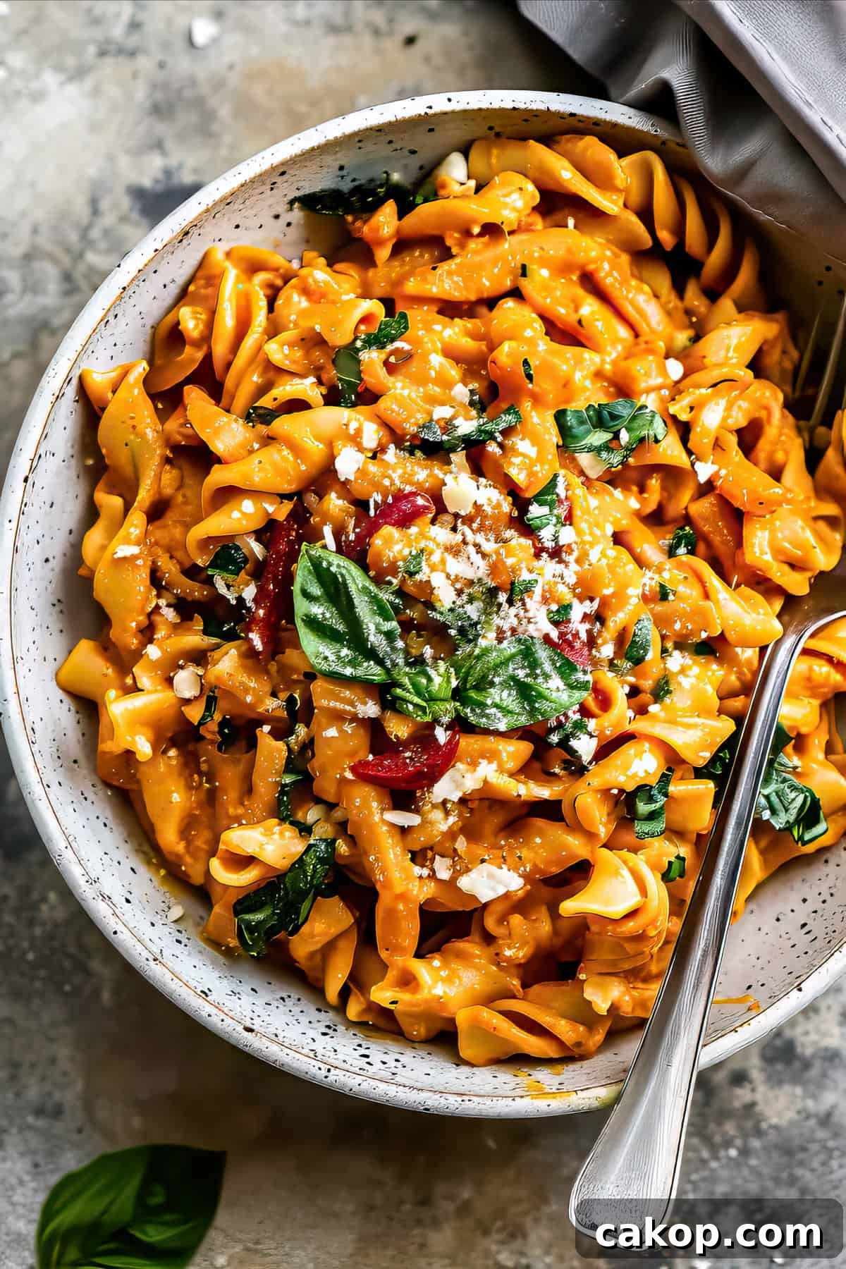 Roasted red pepper pasta with green and parmesan cheese in a bowl.