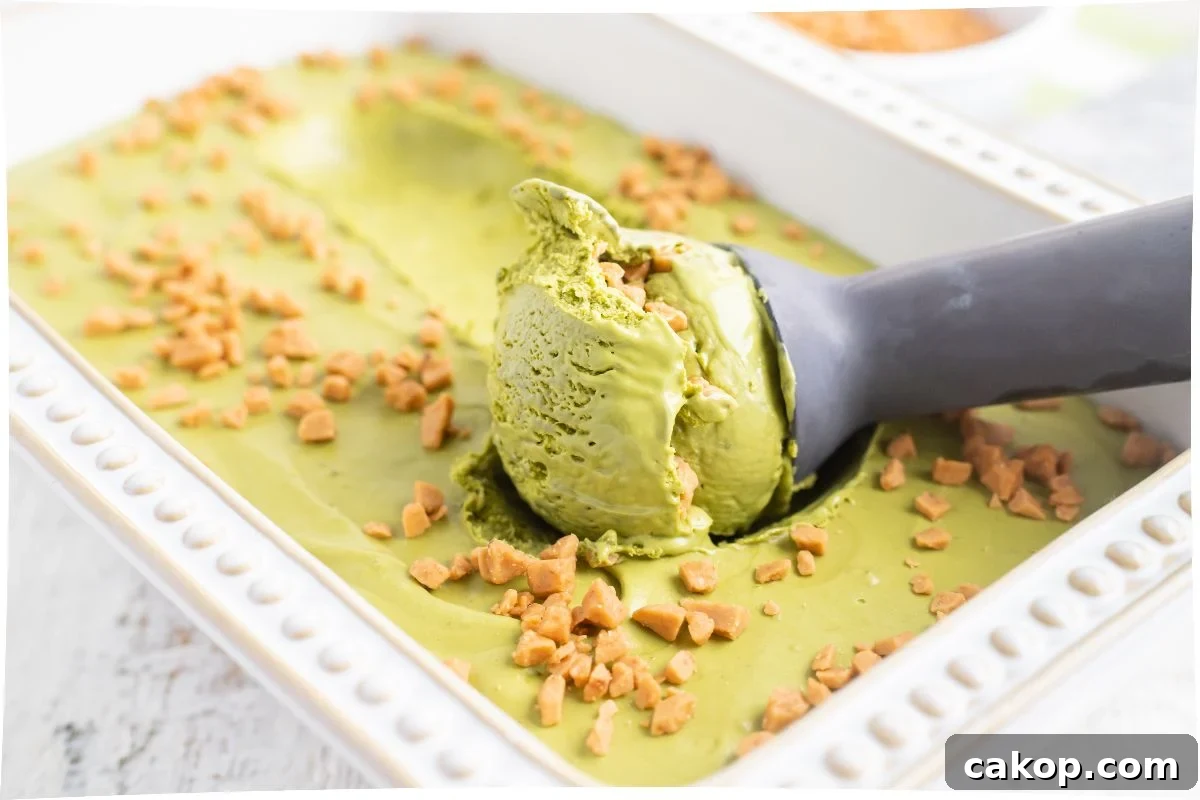 No-Churn Matcha Dulce de Leche Ice Cream Recipe 2 An ice cream scoop serving green tea ice cream topped with caramel bits from a white dish—try this as a No Churn Matcha Dulce de Leche Ice Cream for a unique twist.