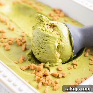 No-Churn Matcha Dulce de Leche Ice Cream Recipe 12 A scoop of green matcha ice cream with caramel bits in a white rectangular dish—an easy matcha ice cream recipe without a machine, perfect for dessert lovers.