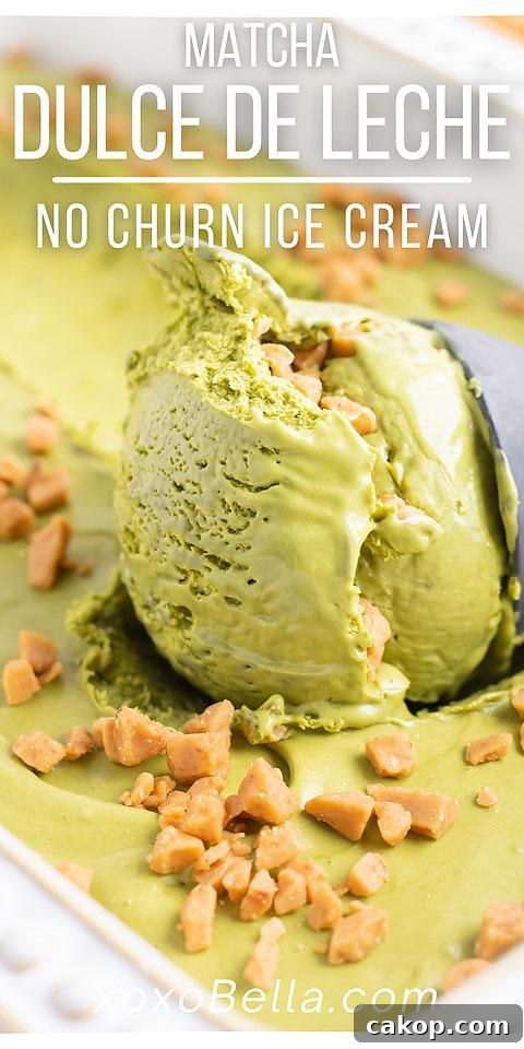 No-Churn Matcha Dulce de Leche Ice Cream Recipe 19 A scoop of green tea ice cream, made from a no churn matcha dulce de leche recipe, topped with crunchy toffee bits.