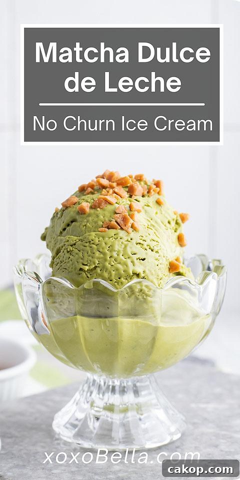 No-Churn Matcha Dulce de Leche Ice Cream Recipe 20 A glass bowl with two scoops of No Churn Matcha Dulce de Leche Ice Cream, topped with small caramel pieces—an easy matcha ice cream recipe without a machine for a sweet twist.