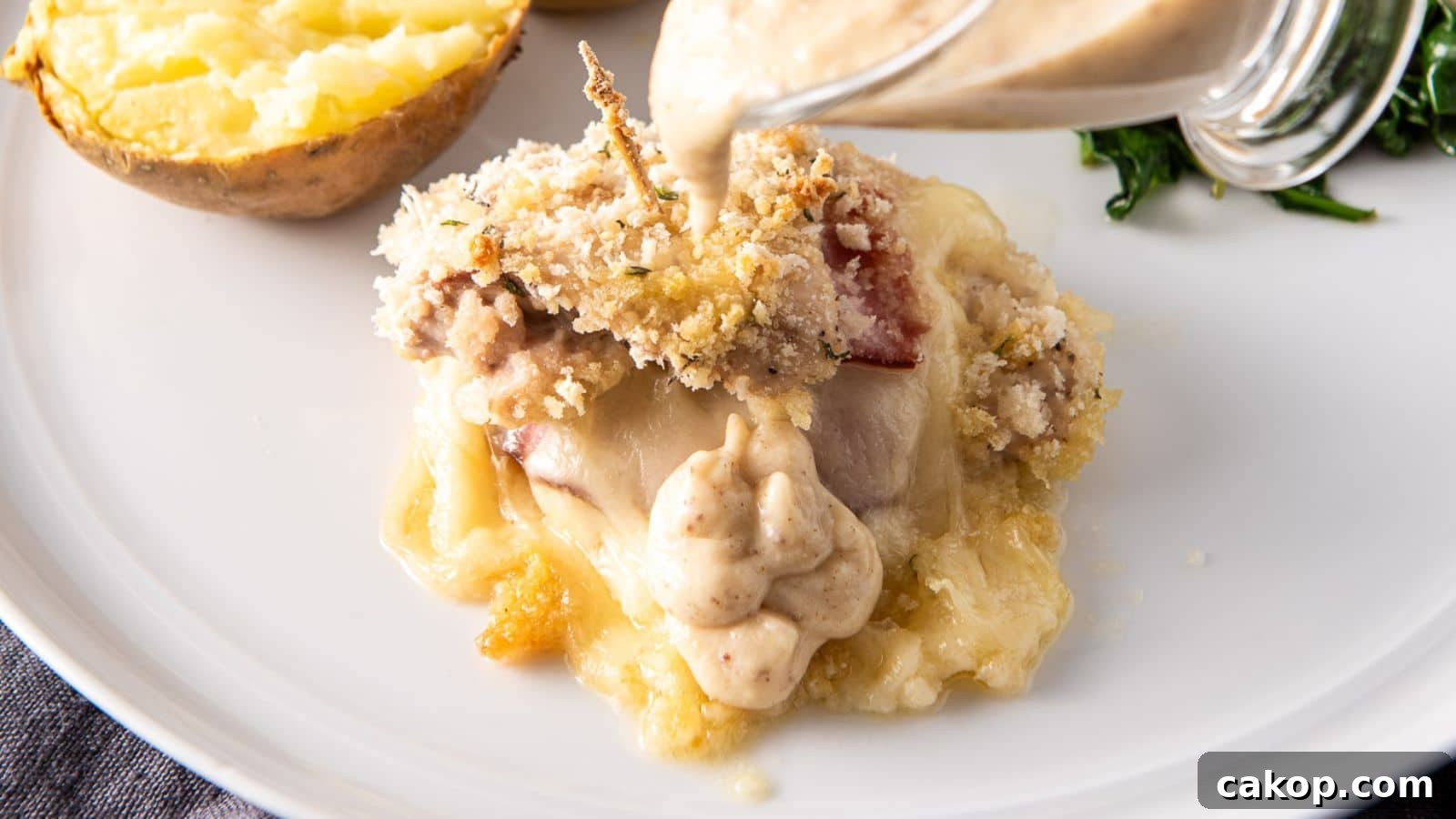 sauce being poured on the chicken stuffed with ham and cheese