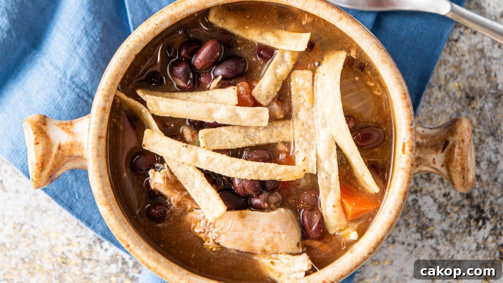 an overhead view of a two-handled soup bowl filled with the soup with beans, chicken and tortilla chip strips on top