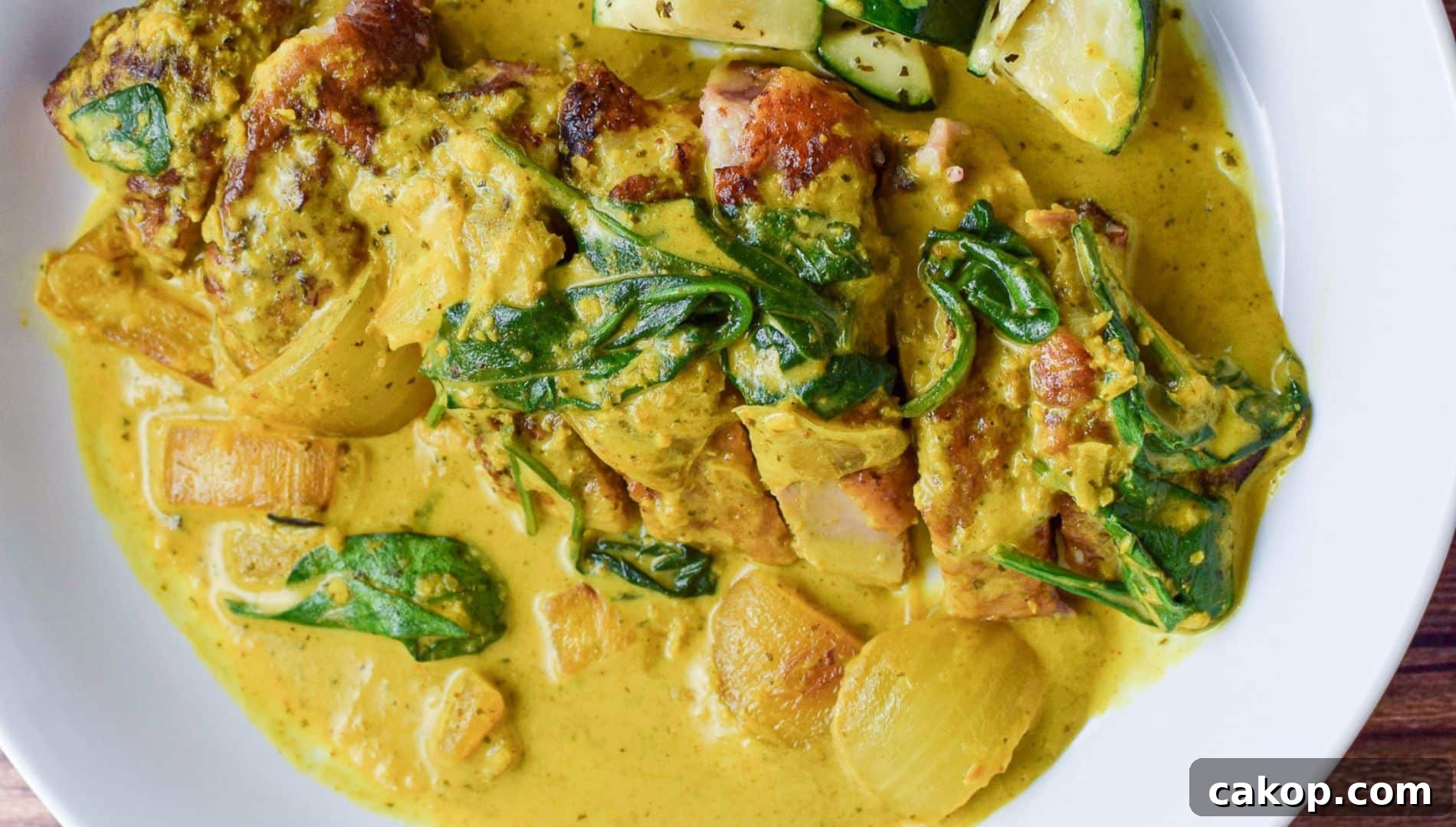 overhead view of a white plate with duck breast with curry sauce poured over it along with spinach