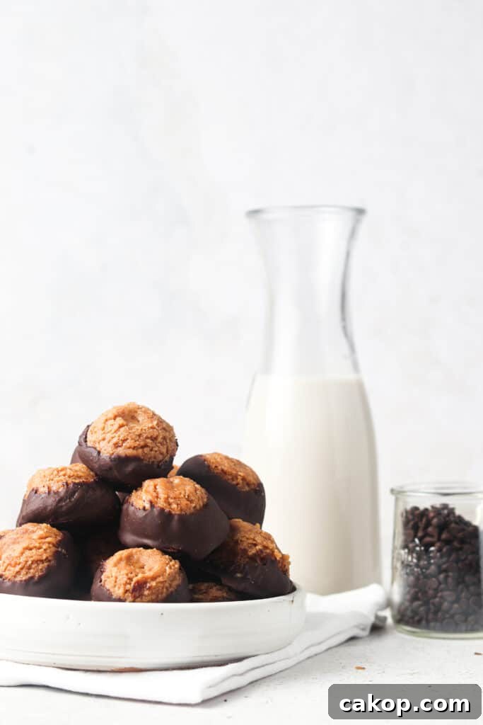 vegan buckeyes with a glass of dairy free milk and chocolate