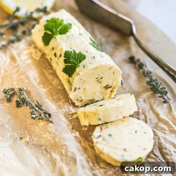 Roasted garlic herb butter with lemon zest and pressed herbs rolled into a log with parchment paper and used for steak, chicken, veggies, and more.