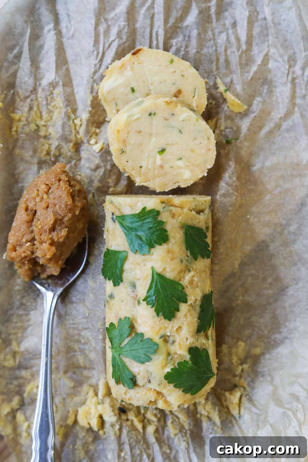 Miso Garlic Butter Spread Recipe for Savory Dishes 6 Close-up shot of miso garlic butter paste rolled in fresh herbs for pasta, veggies, fish, chicken, shrimp, steak, and more.