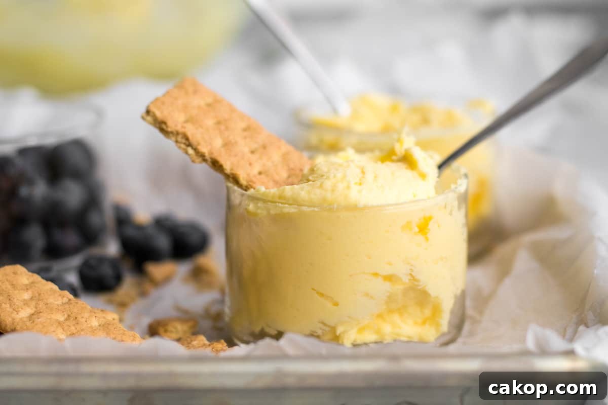 vanilla mousse in a glass jar with a graham cracker.