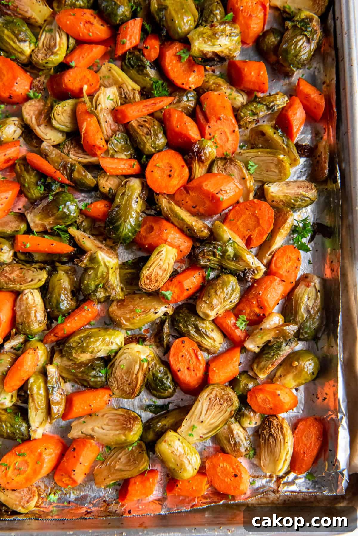 Roasted Brussels Sprouts and Carrots on a sheet pan right out of the oven.
