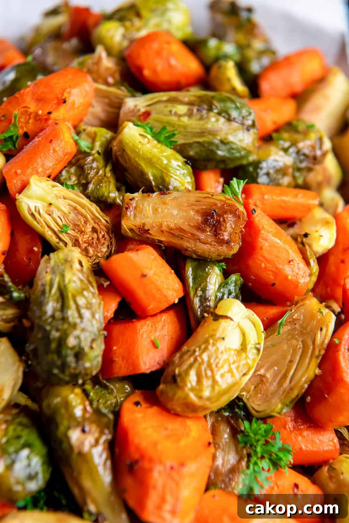 A close up photo of the roasted brussels sprouts and carrots in a bowl garnished with fresh parsley.