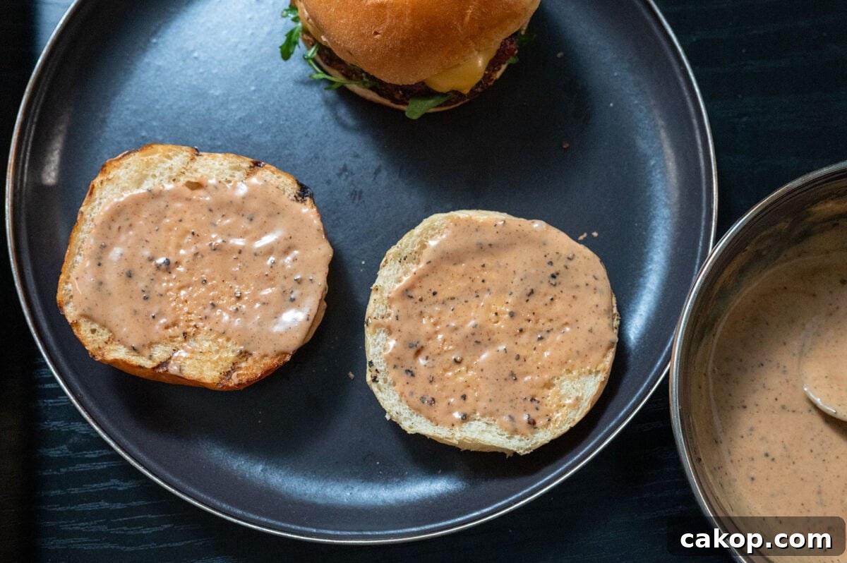 Reverse-Sear Smoked and Grilled Burgers for Juicy Results 12 Burger sauce on bun.