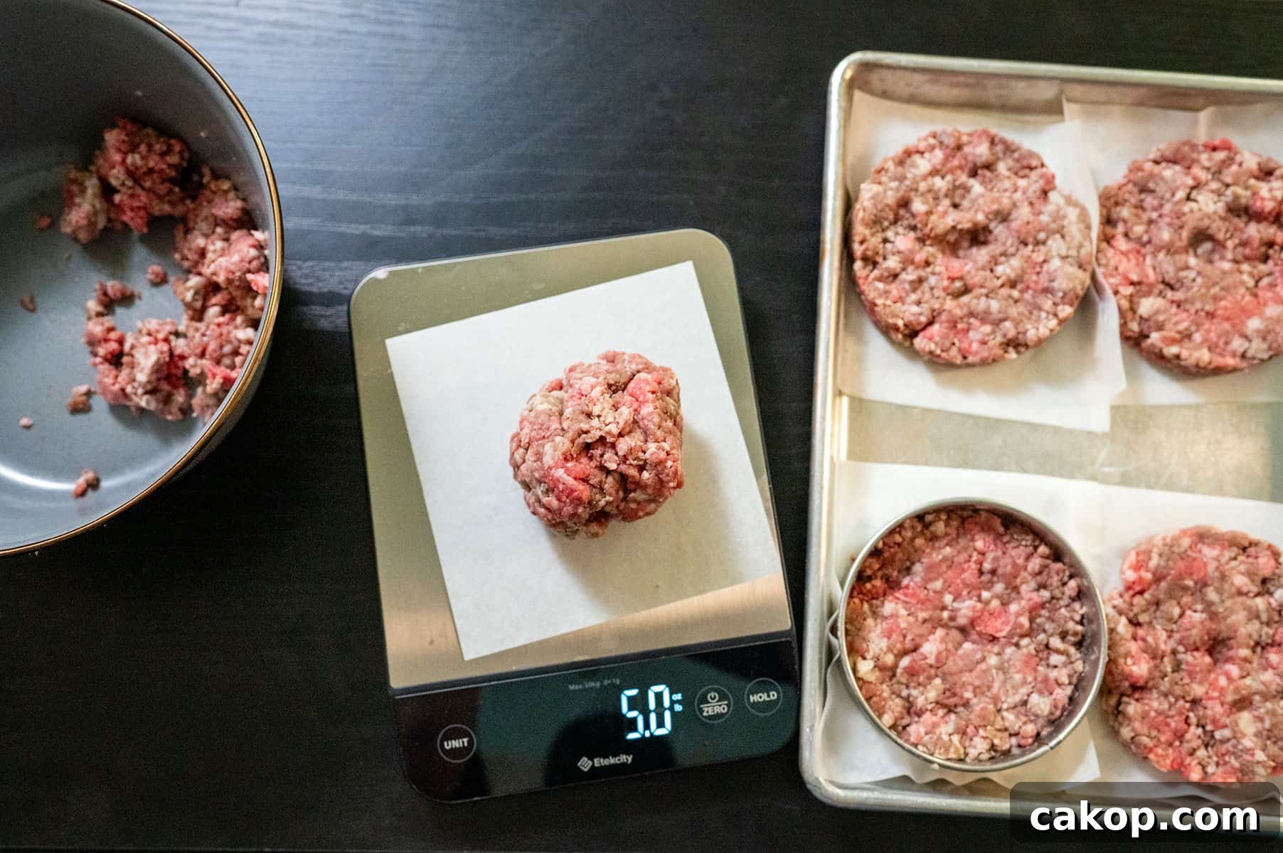 Reverse-Sear Smoked and Grilled Burgers for Juicy Results 4 burger patties portioned to 5 ounces.