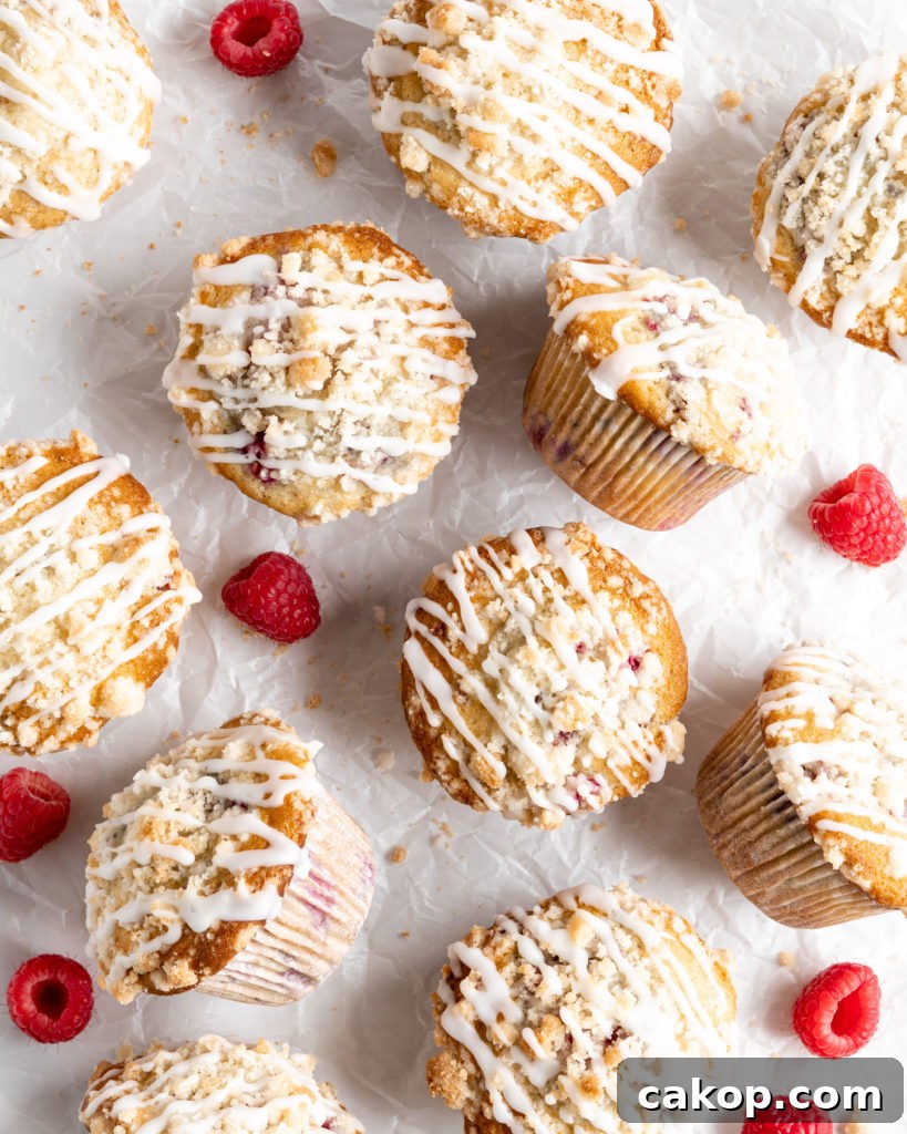 Fluffy and tall Buttermilk Raspberry Muffins with streusel topping