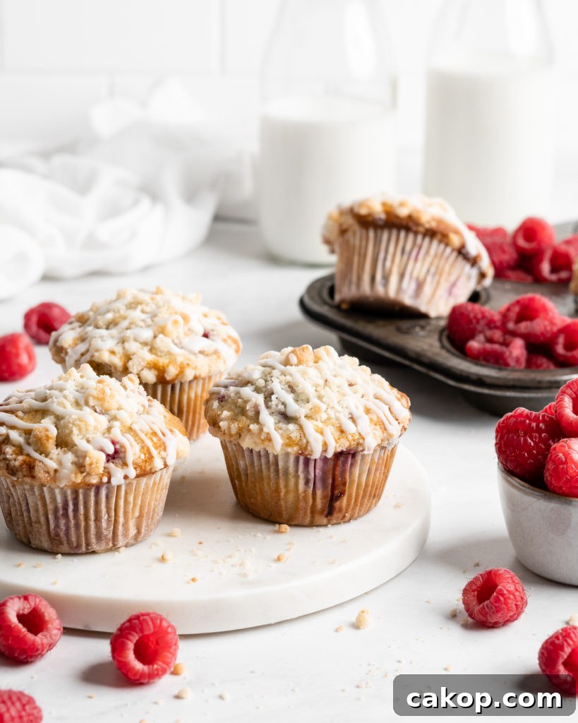 Fluffy and tall Buttermilk Raspberry Muffins with streusel topping