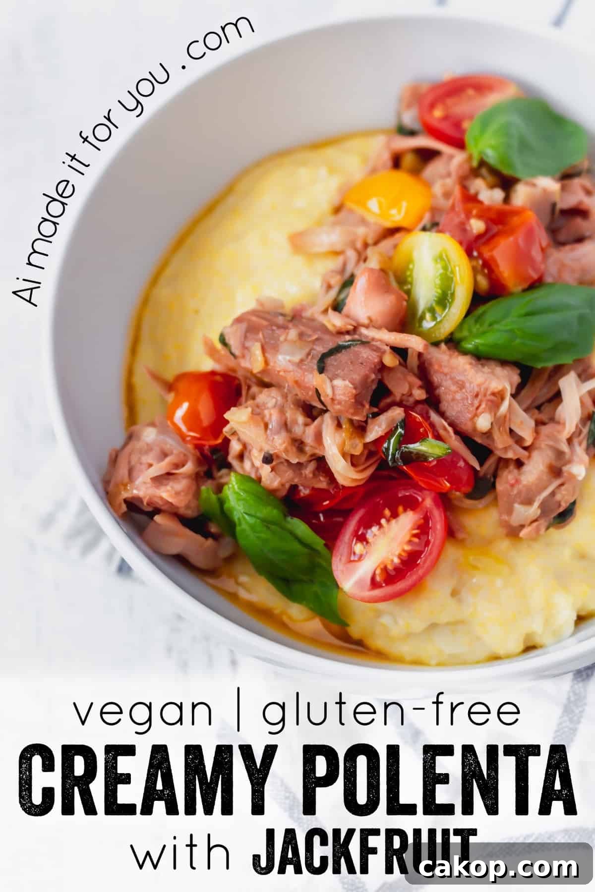 This vegan grits recipe is the perfect gluten-free meal! Creamy vegan polenta cooked in coconut milk is topped with savory jackfruit confit with tomatoes and basil! #vegangrits #veganpolenta #coconutmilk #veganrecipe #glutenfree #jackfruit