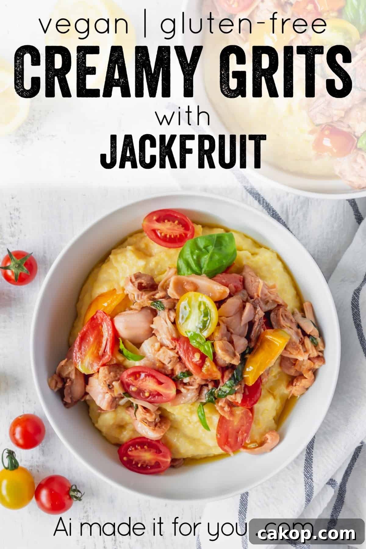 This vegan grits recipe is the perfect gluten-free meal! Creamy vegan polenta cooked in coconut milk is topped with savory jackfruit confit with tomatoes and basil! #vegangrits #veganpolenta #coconutmilk #veganrecipe #glutenfree #jackfruit