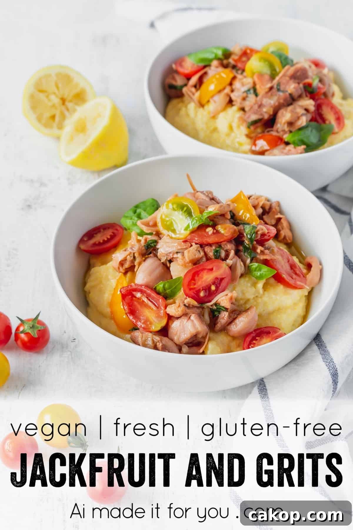 This vegan grits recipe is the perfect gluten-free meal! Creamy vegan polenta cooked in coconut milk is topped with savory jackfruit confit with tomatoes and basil! #vegangrits #veganpolenta #coconutmilk #veganrecipe #glutenfree #jackfruit