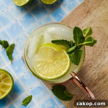 a copper mug filled with tequila mule, lime wedges, and mint sprigs.
