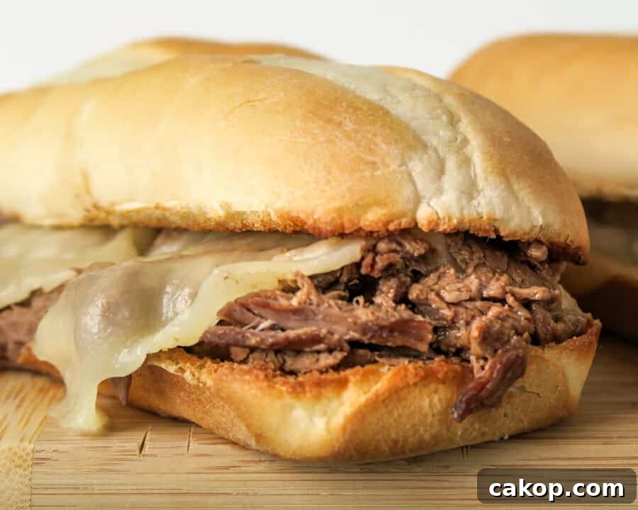 close-up of Easy French Dip Sandwiches {Crockpot or Instant Pot Recipe}