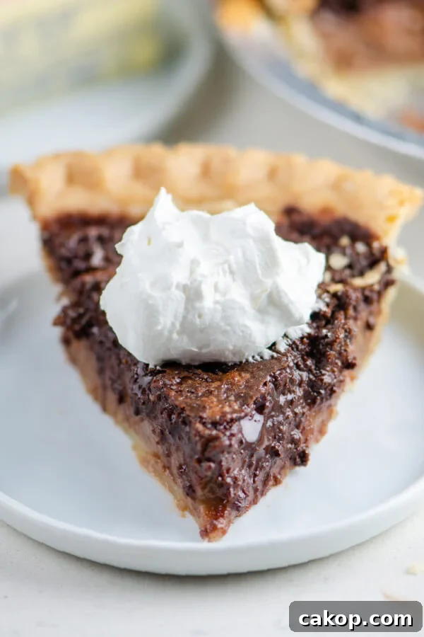 chocolate chess pie with a dollop of whipped cream on a white plate