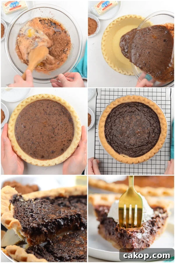 mixing the filling and pouring it into the pie crust, removing a slice of pie and a fork taking a bite off the finished slice