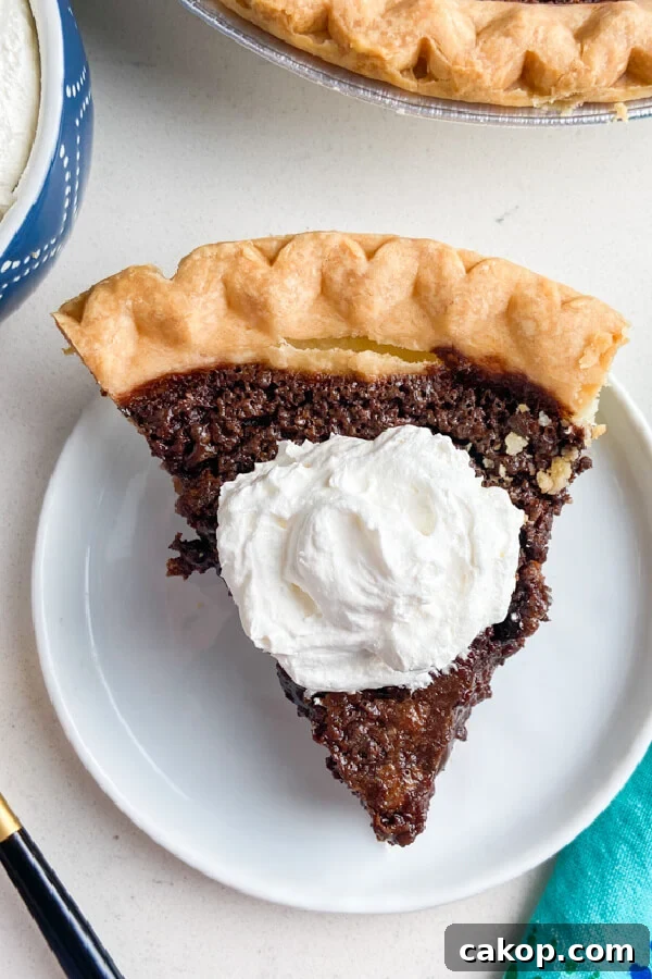 looking down on a slice of chocolate chess pie with whipped cream on top