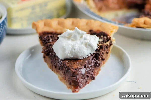 slice of chocolate chess pie on white plate