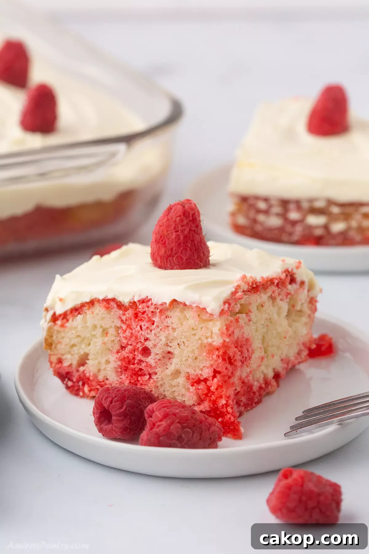 Top Side Dishes to Serve with Fried Fish 5 A slice of raspberry cake on a white dessert plate and fresh raspberries.