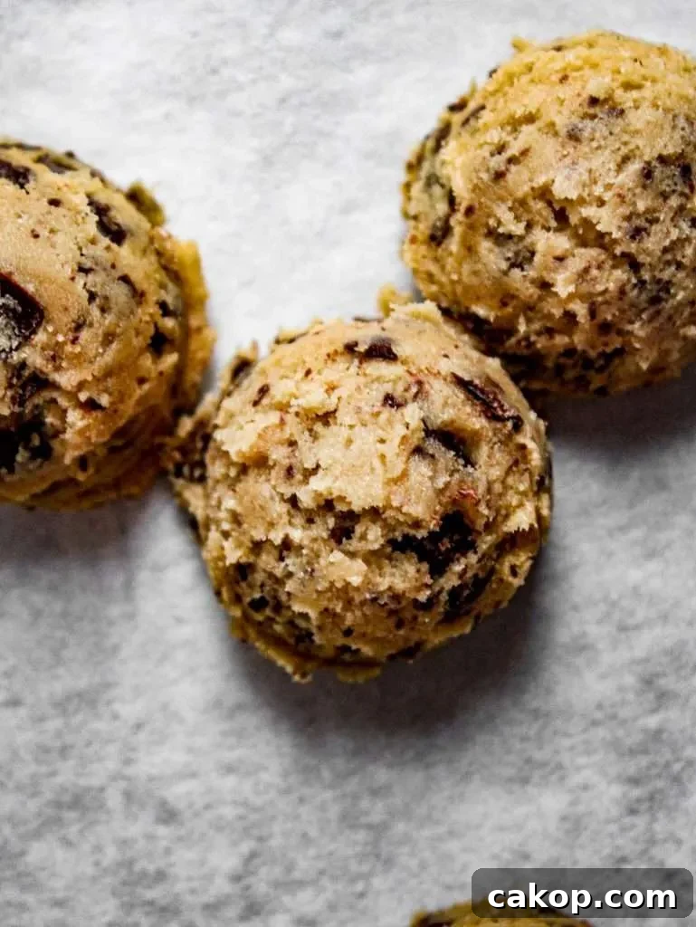 edible chocolate chip cookie dough scoops on parchment paper (2)