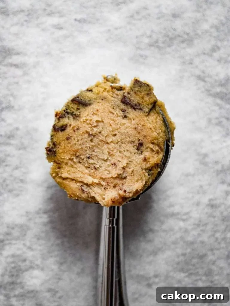 edible chocolate chip cookie dough in cookie scoop