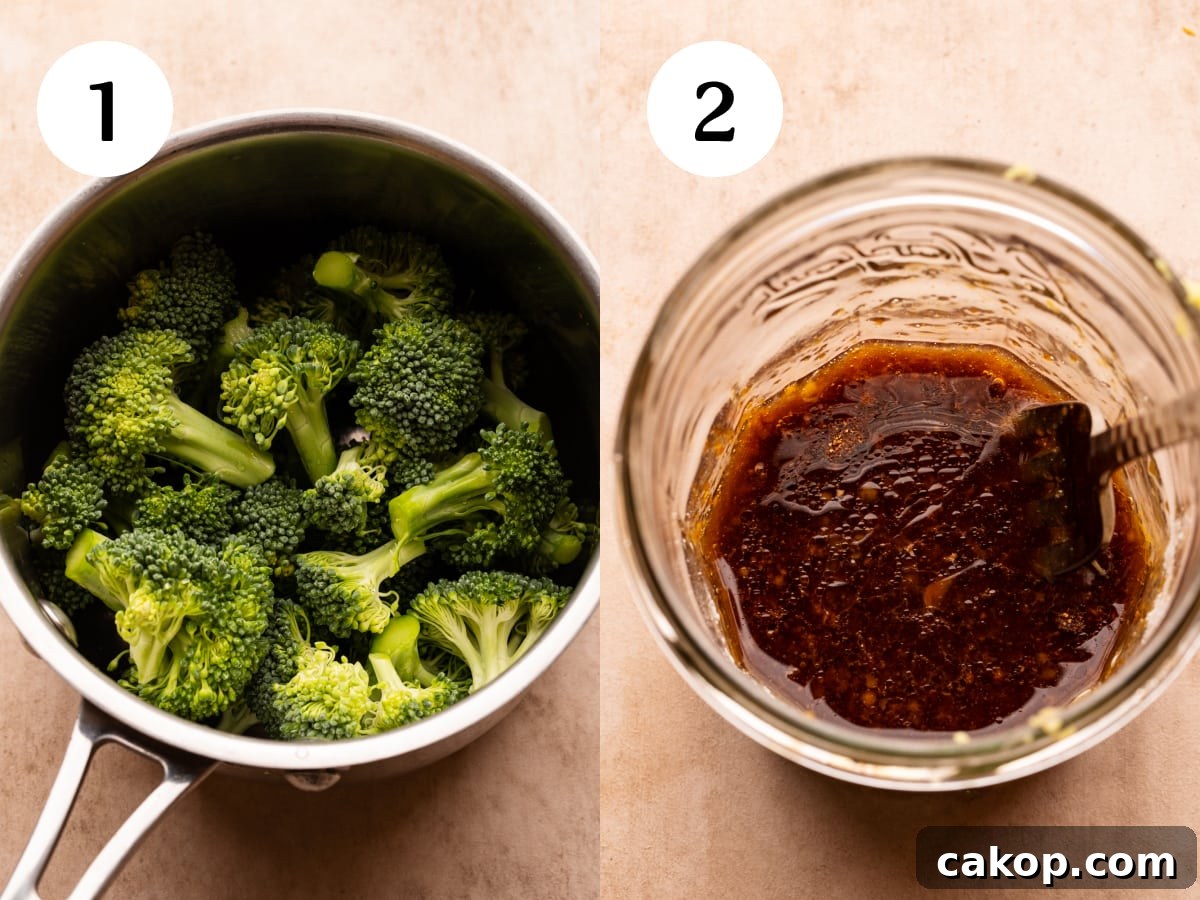 Quick Teriyaki Chicken Stir-Fry Ready in 10 Minutes 4 A collage of two photos showing in the first photo how to steam broccoli in a small pot. The second photo is showing a fork stirring teriyaki sauce in a glass jar.