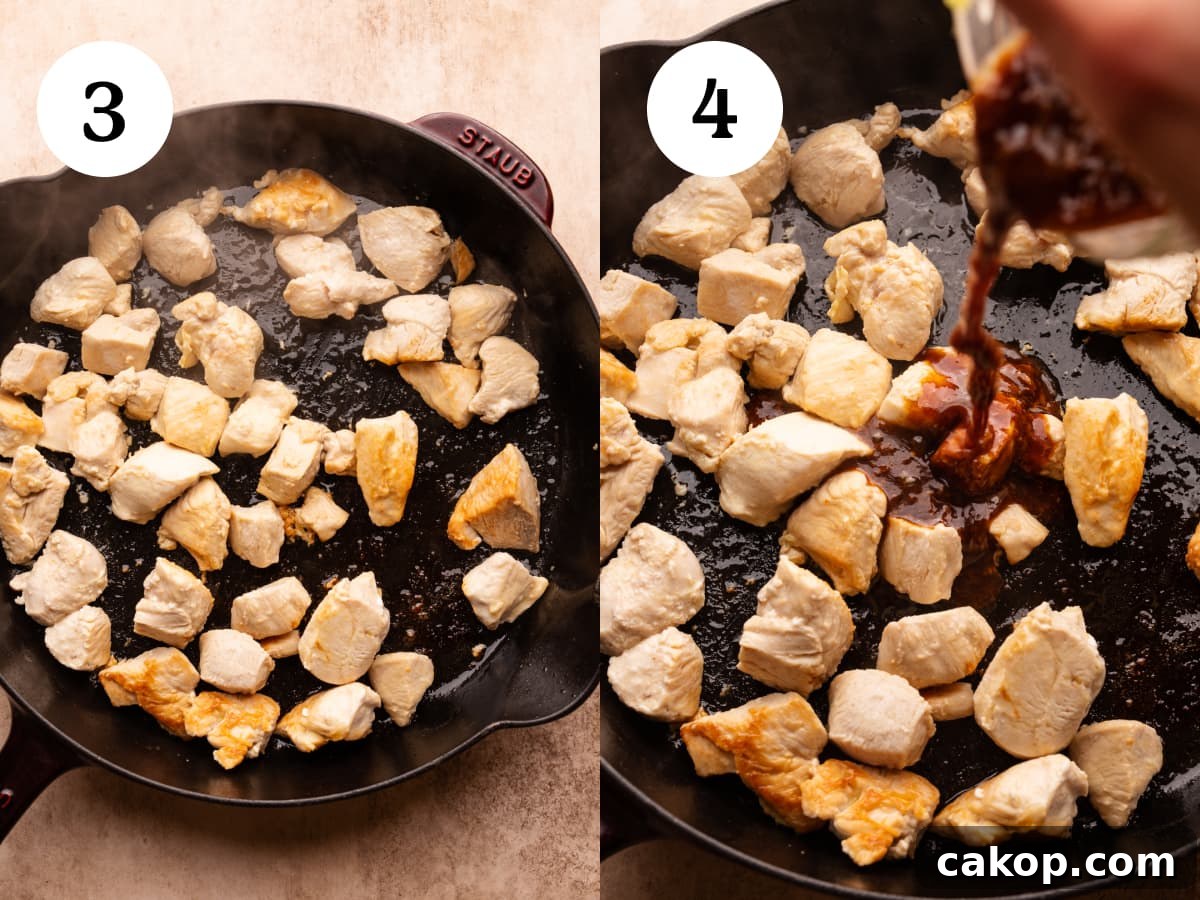 Quick Teriyaki Chicken Stir-Fry Ready in 10 Minutes 5 A collage of two photos showing how to cook chicken in a pan. The first picture is pieces of chicken breast being cooked in a black skillet pan. The second photo is teriyaki sauce being poured into the same pan of cooked pieces of chicken.