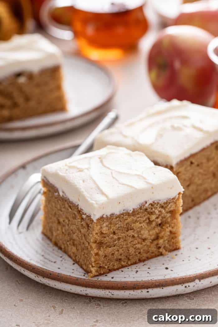 Close up view of 2 slices of apple butter cake on a stoneware plate.