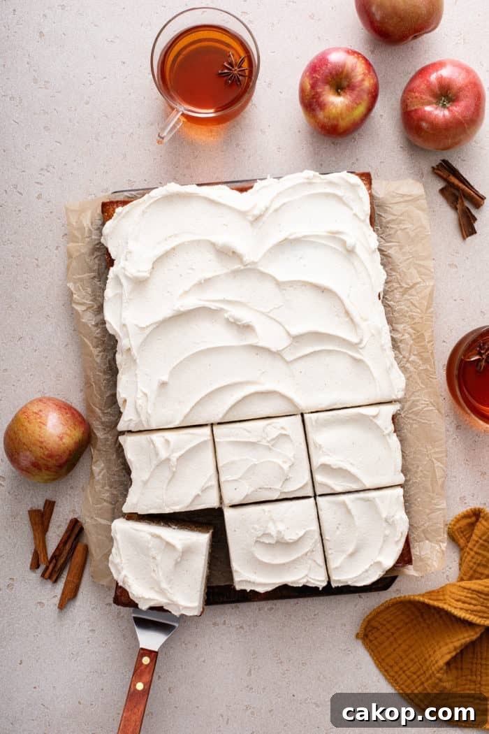 Overhead view of sliced apple butter cake.
