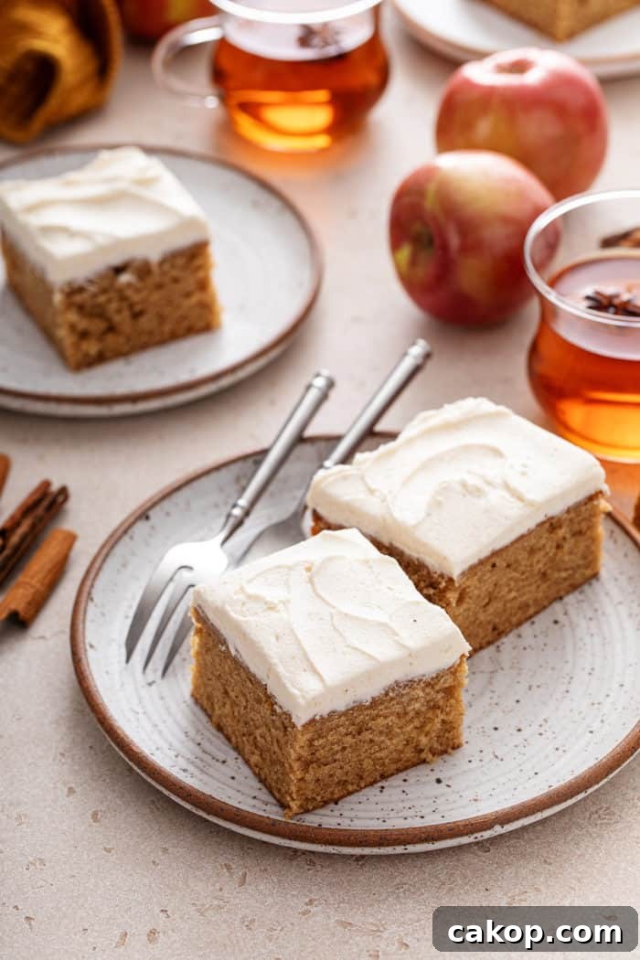 Two plates, each holding slices of apple butter cake.