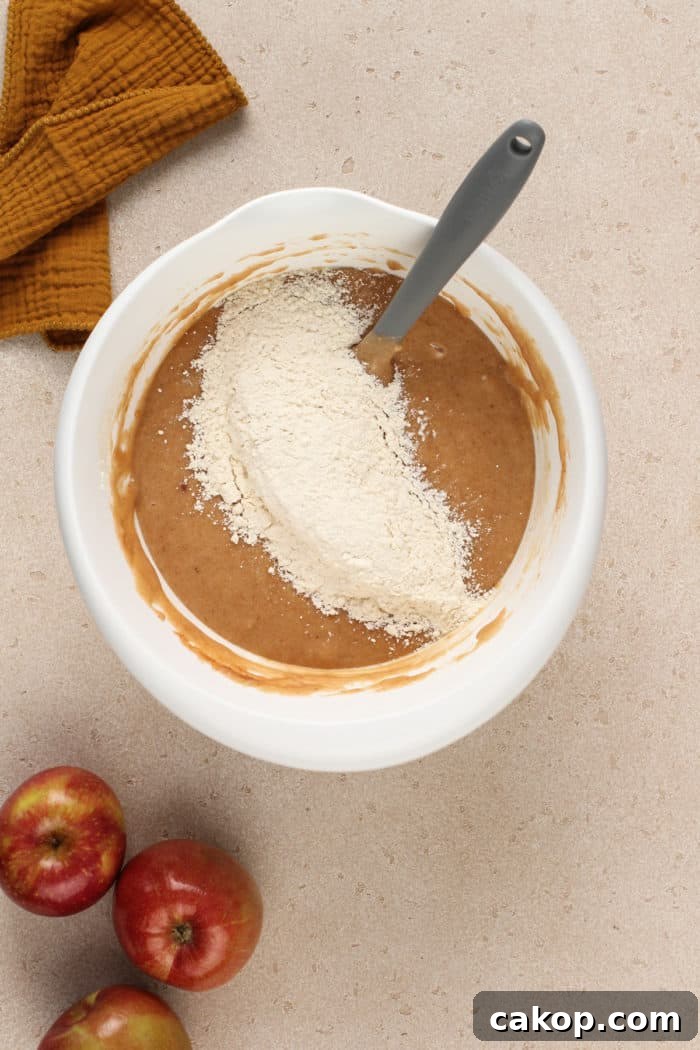 Dry ingredients about to be folded into apple butter cake batter.