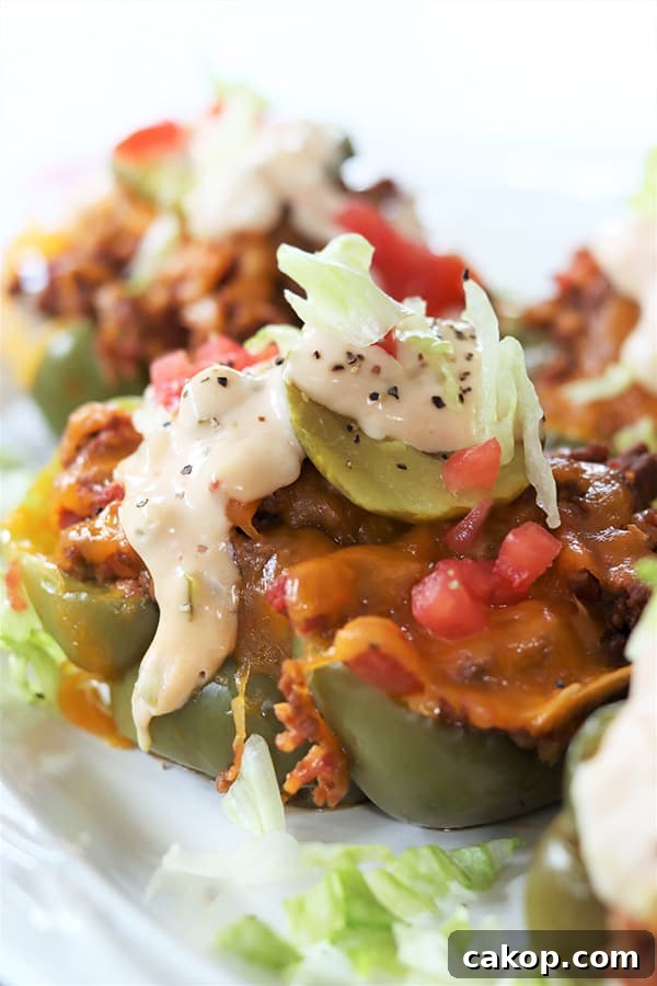 Vertical image closeup of cheeseburger stuffed peppers on a white plate, topped with lettuce, tomato, pickle, and Copycat Big Mac Sauce