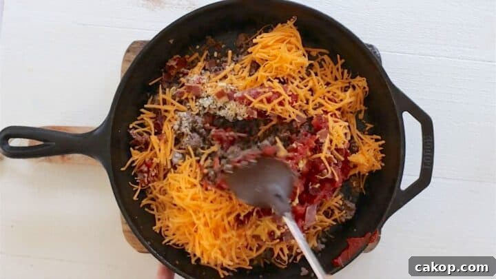 Mixing together the cheeseburger filling for the stuffed peppers.